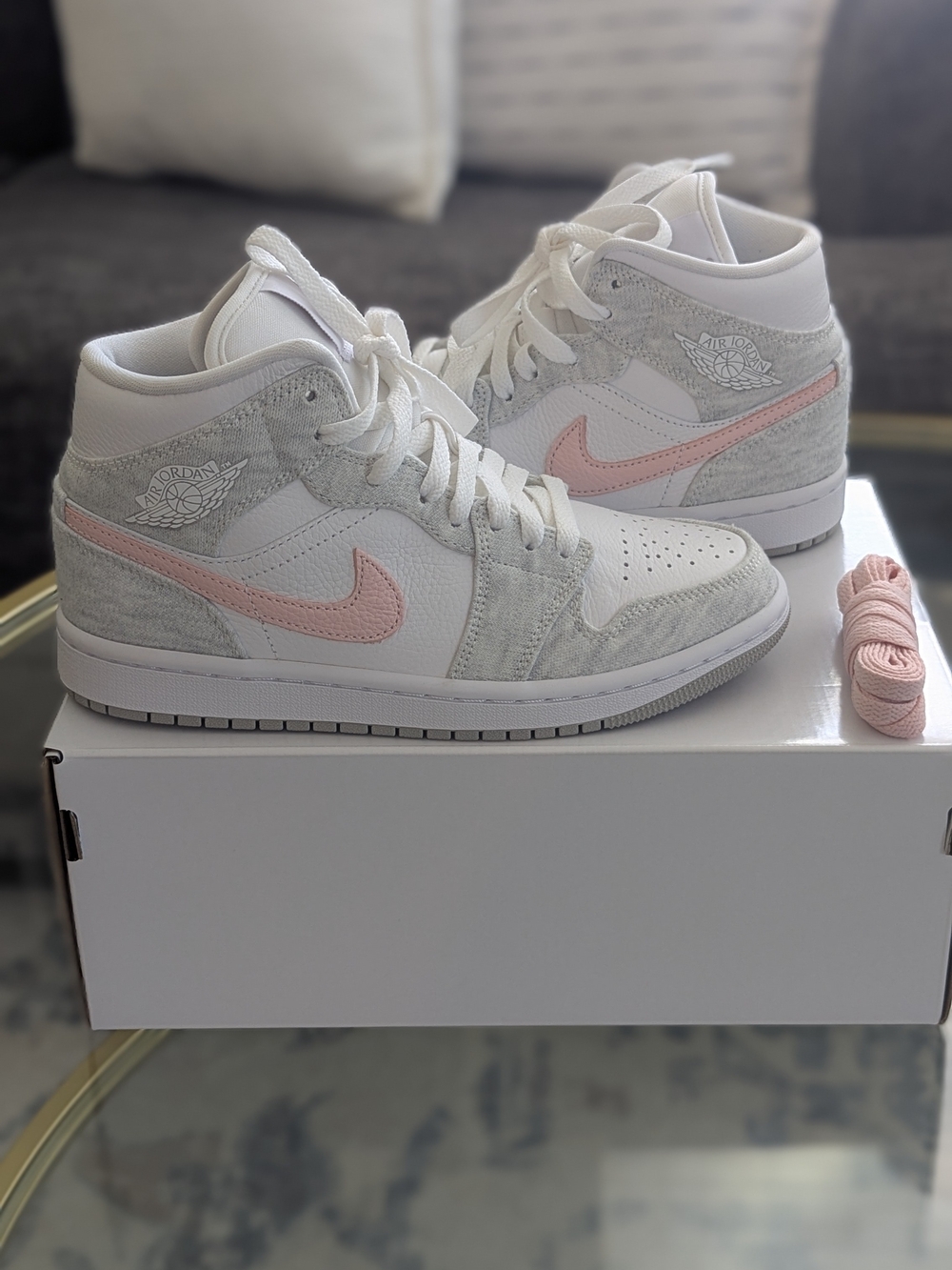 Jordan Women's Mid-Top Sneakers in White and Light Pink